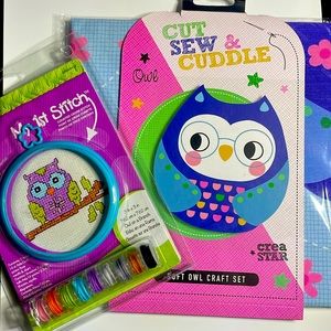 2 Craft Sewing Kits for Beginners. Cross Stitch & Cuddle Pillow. Cute Owls💜
